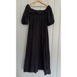 NWT R. Vivimos Midi Dress XL Cottage Core Black Dot Boho Ruffle Off Shoulder